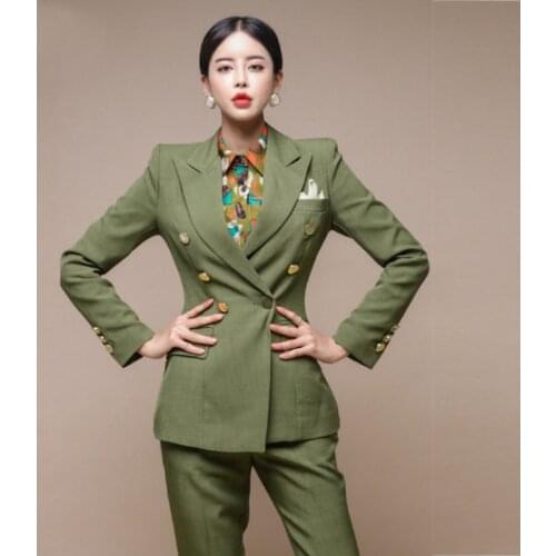 Work Fashion Pant Suits 2 Piece Set for Women Sets Green Slim Blazer Jacket & Trouser Office Ladies Suit Feminino 2019 New WS204