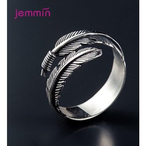 European Vintage Style 925 Sterling Silver Women Men Open Ring Geometric Leaf Feather Adjustable Jewelry