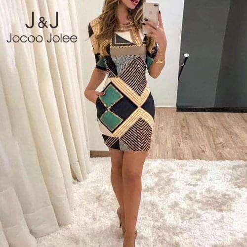 Jocoo Jolee Women Retro Short Sleeve Rount Neck Geometric Pattern Mini Dress Office Bodycon Dress Elegant Bohemian Short Dress
