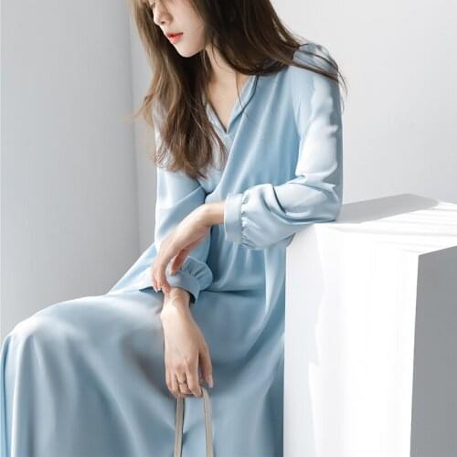 Small lapel chiffon dress women 2021 spring and summer new collection waist show thin solid color small fresh long skirt