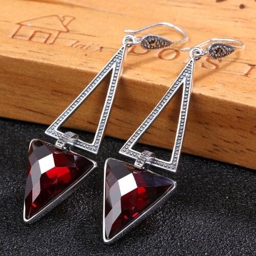 ZHJIASHUN 100% 925 Sterling Silver Garnet Drop Earrings For Women Natural Gemstone Ruby Earrings Triangle Fine Jewelry Party