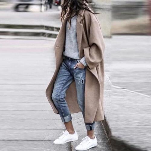 Winter Women Elegant Wool Blend Coat Fashion Turn-down Collar Long Loose Coats Vintage Single Breasted Woolen Overcoat Outwear