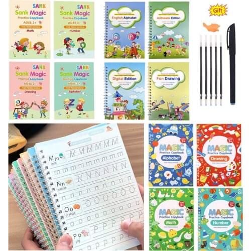 4 Books + Pen Reusable 3D Magic Exercise Book Children 0-10 Writing Stickers Calligraphy English Numbers Letters Montessori Toys