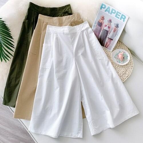 Wasteheart Summer New Women Fashion Black Khaki Cotton Long Pants Wide Leg Pants High Waist Female Pants Loose Casual Pockets