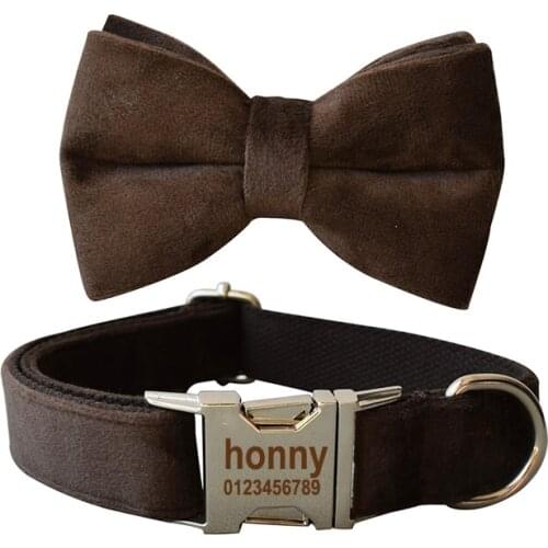Flannelette 11s Free Engrave Fabric Dog Collar Leash Set For Medium Big Pet Necklace With Bow Tie Khaki Velvet Name Necklace