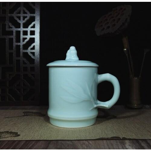 Coffee Mug Cup with Lid 15.5oz Teacup Embossed with Bamboo Ceramic Drinkware Porcelain Tableware Microwave and Dishwasher Safe