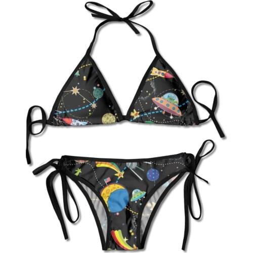 New Swimsuit Cartoon Astronaut Space Ship Bikini Set Floral Print Swimwear Sexy Biquini Bathing Suit Women Bikinis String Beach