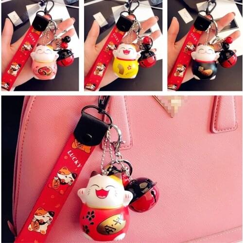 Japanese Cute Lucky Cat KeyChains Maneki Neko Kawaii Car Keys Bag Key Chains Decor Water Sound Bell Pendent Charm for Airpods