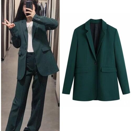 Za 2021 Blazers Green Casual Office Blazer Woman Fashion Single Button Spring Long Sleeve Blazer Oversize Loose Female Jacket