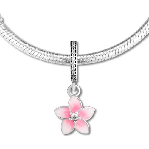 Fits for Pandora Charms Bracelets Magnolia Bloom Beads with Pale Cerise Enamel 100% 925 Sterling Silver Jewelry Free Shipping