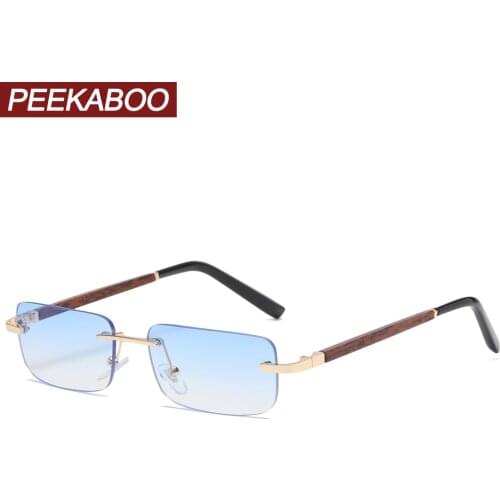 Peekaboo tinted rimless rectangular sunglasses retro blue brown imitated wood frame frameless women glasses for men uv400