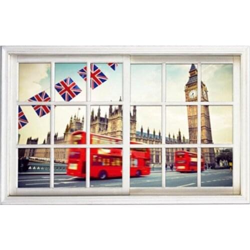 London street view 3d fake window mural Clock Tower Bus vinyl wall stickers home decoration cityscape poster wallpaper 70*50cm