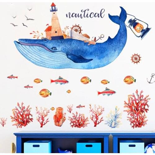 Wonderful Sea World Blue Whale Colorful Fish Animals Vinyl Wall Art Window Bathroom Decoration Wall Stickers For Kids Room