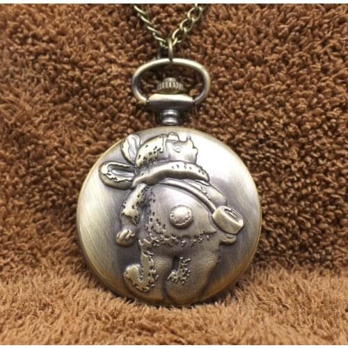 Vintage Bronze antique quartz Cute cartoon children students clock gift pendant Necklace pocket watches