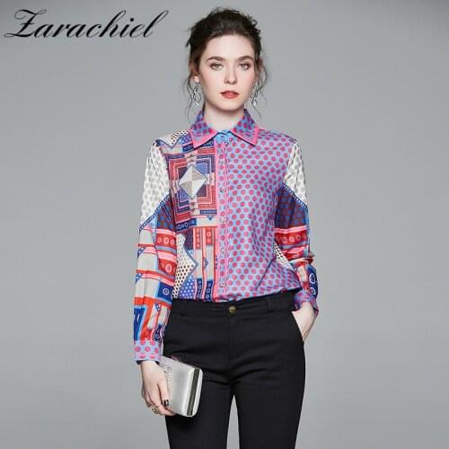 Womens Long Sleeve Dots Geometric Pattern Print Blouse 2021 New Fashion Elegant Slim Polka Dot Office Lady Casual Tops Shirts