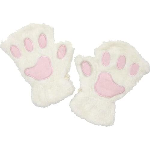 Cats Claw Women Winter Warm Half Finger Gloves Cute Cartoon Paw Embroidery Anime Kitten Thicken Fuzzy Plush Fingerless Mittens