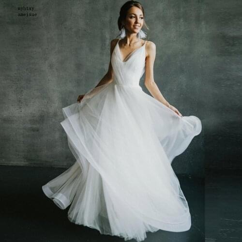 Cheap Simple V-neck Backless Plus Size Wedding Dress 2020 Boho Bride Dress Vestido De Novia Tulle A-line Bridal Gown Customized