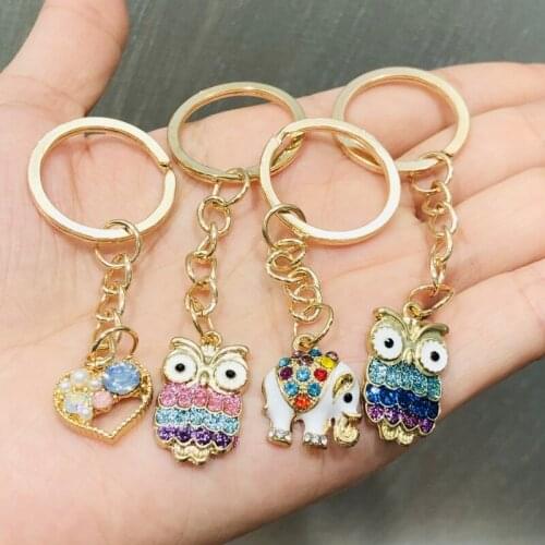 1Pcs Rhinestone Crystal Owl Elephant Keychain Pattern Purse Bag Car Charm Women Girls Children Key Ring Buckle Clasp Gifts