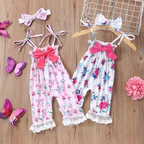 2021 Summer Baby Girl Rompers 2 Pcs Lace Bow Flower Print Strap Baby Rompers+headband Birthday Party Princess Baby Clothes 0-18M