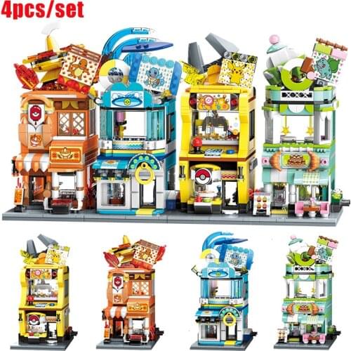 4 pieces/set of new cartoon classic movie Pokemon Pokémon Street View store building block model childrens toy gift