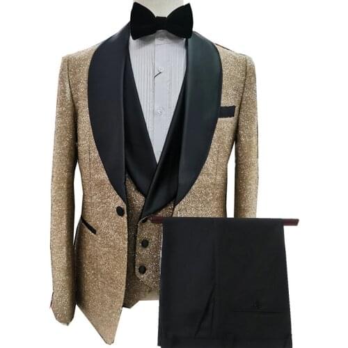 High Quality Shiny Gold Slim Fit Men Suits For Wedding Groom Wear Costume Homme Party Prom Formal Tuxedo Best Man Blazer 3 Piece
