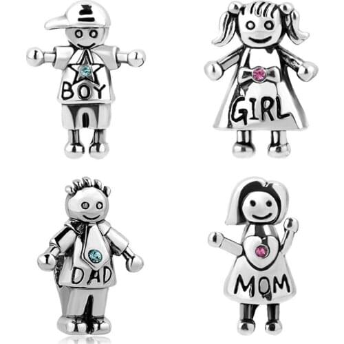 5PCS New Atique Silver Plated Charm Alloy Warm Family Mom Dad Girl Boy Bead Fit Bracelet Necklace DIY Women Jewelry Gift