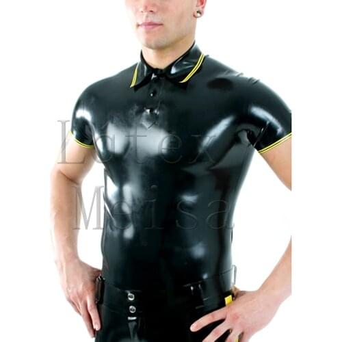 Black latex top men short sleeve polo shirt with yellow stripes decoration