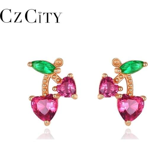 CZCITY Pure 925 Sterling Silver Stud Earrings for Women Girls Red-Heart Fruit Cute Fine Jewelry Christmas Dating Gifts SE-454
