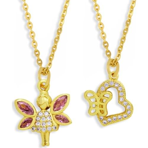 FLOLA Copper CZ Fairy Angel Necklace For Women Gold Chain White Stone Heart Necklace Pendant Fashion Jewelry nkew31