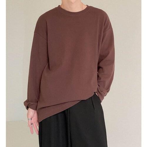 O-neck Loose Long Sleeve T-shirt Mens Korean Fashion Solid Basic T-shirt Men Casual Office White T-shirts Spring Menswear 2021