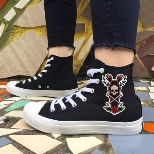 Wen Design Death Coffin Skull Flower High Top Canvas Sneakers Skateboard Men Black White Women Girls Athletic Shoes Plimsolls