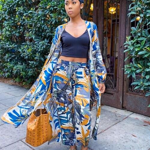 Two Piece Set Women Dashiki Long Coat And Pants Suit 2021 New African Print Ladies Clothes Ankara Blouse Robe Africaine Femme