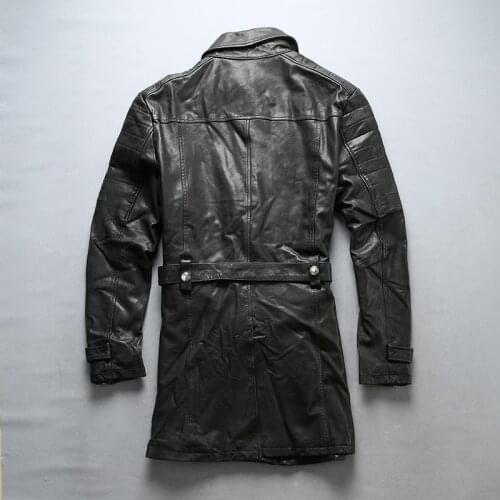 Fly new arrival fashion long men black genuin leather coat slim fit turn down collar causal jacket