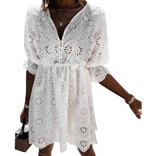 Summer Sexy V-Neck A-line Mini Dress Women Lace White Pencil Party Dresses Short Sleeve Hollow out Bodycon Vestidos 2021