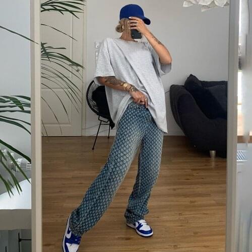 Fashion Hollow Out Women Plaid Jeans High Waist Straight Baggy Pants Korean Button Fly Denim Holes Pants Club Streetwear 2021