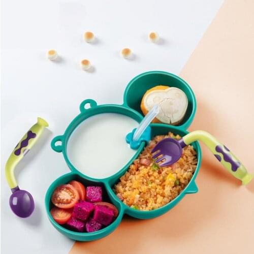 Baby Tableware Set Silicone Plate Suction Compartment Integrated Suction Cup Child Learning Eating Training Spoon Fork Straw Kit