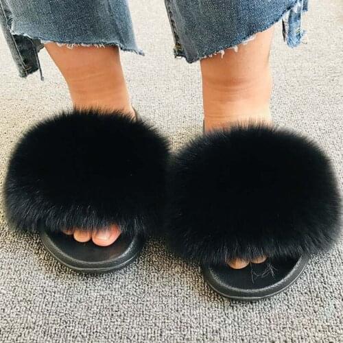 Real Fox Skin Slide Female Non-Slip Fur Slippers Summer Furry Home Sandals Cute Fluffy Indoor Slippers For Women TX-21