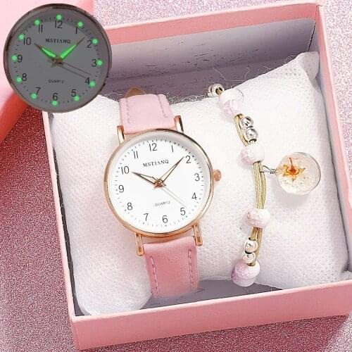 Simple Luminous Women Watches Fashion Leather Girls Wristwatches Cherry Bracelet Set New Quartz Female Watch Gift zegarek damski