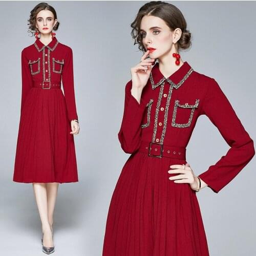 Womens red long-sleeved spring and autumn style light mature temperament waist lapel mid-length pleated dress