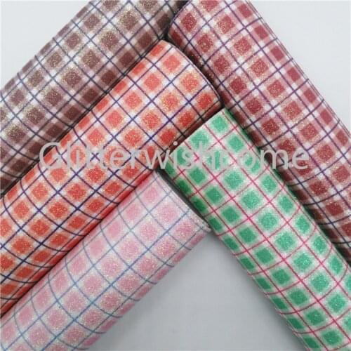 Glitterwishcome 21X29CM A4 Size Plaids Printed Glitter Fabric, Synthetic Leather Fabric Sheets, Glitter Vinyl for Bows, GM453A