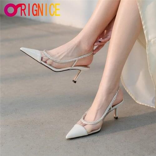 Orignice Sexy Crystal Women Genuine Leather Pumps Sling Back Pointed Toe Thin Heels Slip On Dress Party Shoes Plus Size 34-41