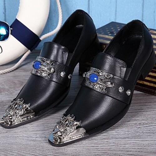 Christia Bella Italian Style Man Metal Decoration Black Genuine Leather Shoes Party Dress Male Pointed Toe Shoes Man Prom Shoes