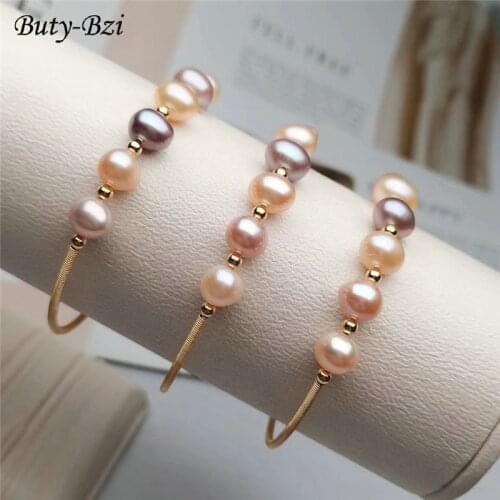 High Quality Mix Colors Natural Pearl Oval Beads Handmade Winding Gold Plated Bangle Jewelry Gift Chic Woman Bracelets
