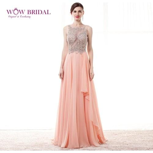 Wowbridal Sexy Pink Long Prom Dress 2021 Scoop Crystal Beaded Sheer Open Back Chiffon Draped Sweep Train A-Line Party Gown