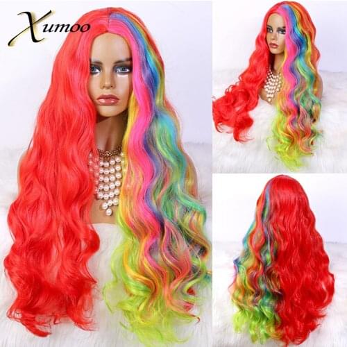 XUMOO Rainbow Synthetic Wigs Super Wave None Lace Heat Resistant Fiber Ombre Red Cosplay Party Lolita Wigs With Baby Hair