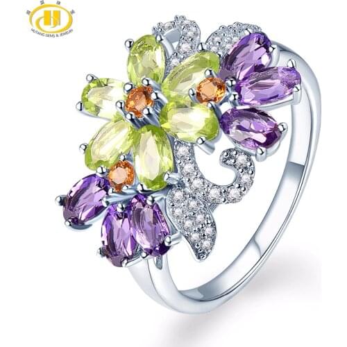 Hutang 925 Sterling Silver 3.11 Carats Natural African Amethyst Peridot Flower Fine Fashion Multi Gemstone Jewelry for Gift