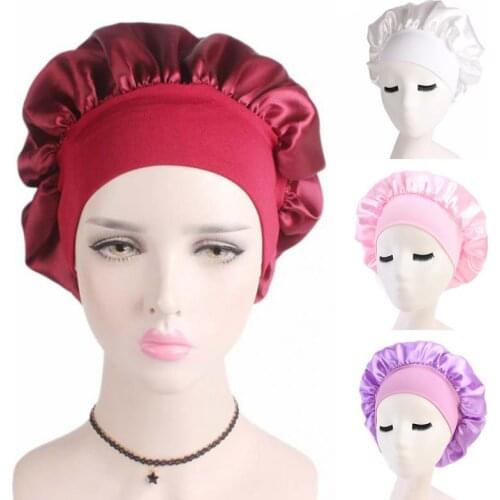 Women Salon Solid Sleeping Hat Nightcap Shower Unisex Bath Soft Chemotherapy Elastic Bonnet Satin Wide Brimmed Hair Care