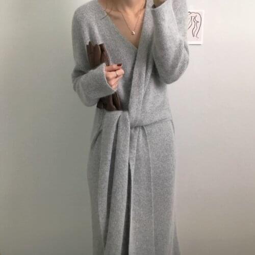 2021 Korean Belted Cashmere Sweater Dress Women Office Lady V Neck Knitted Dress Winter Warm Thick Party Dress Plus Size Loose