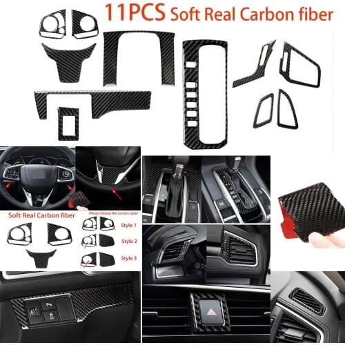 11PCS Soft Real Carbon fiber Interior Decorative Cover Fit For Honda Civic 2016-2019