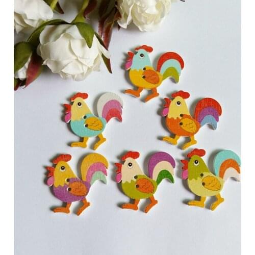60PCs Mixed Decorative Buttons Lovely Cartoon rooster 2 Holes Mixed Sewing Wooden Buttons Flatblck Scrapbooking